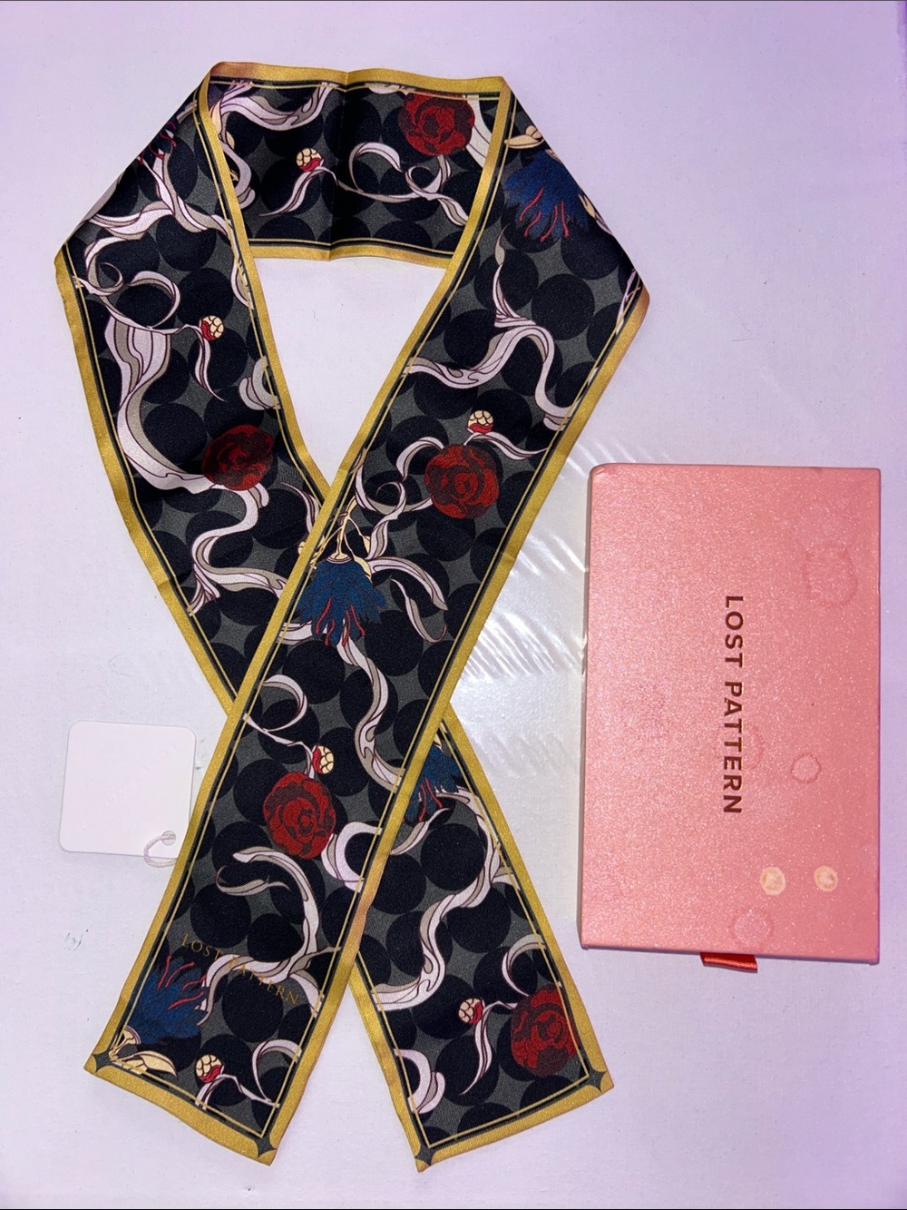 NWT Lost Pattern “Dream” 100% Silk Twilly Neck Bow Scarf